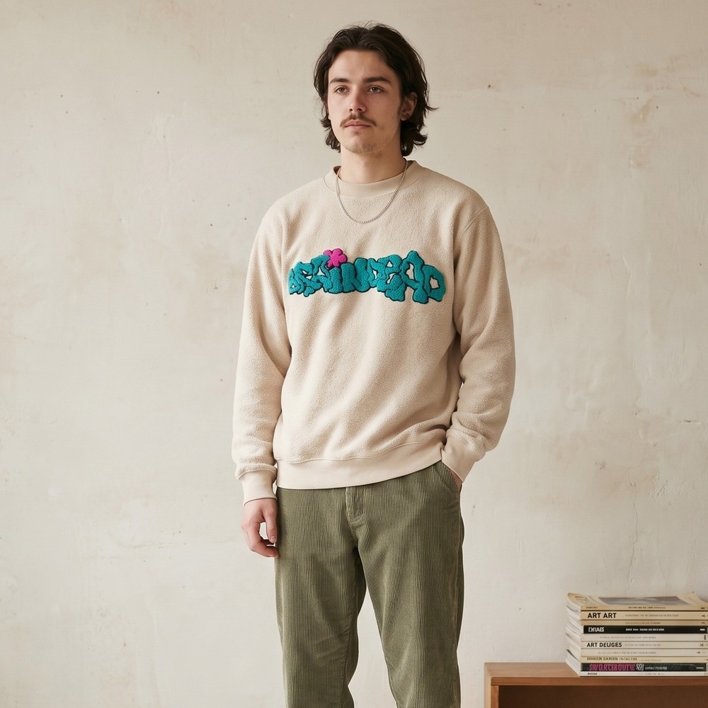 Brain Dead Mens Sweatshirt XS Beige Textured Fleece Chenille Streetwear Gorpcore